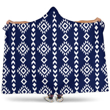 Load image into Gallery viewer, Navy Blue With White Ethnic Tribal Pattern Hooded Blanket With Sherpa Lining

