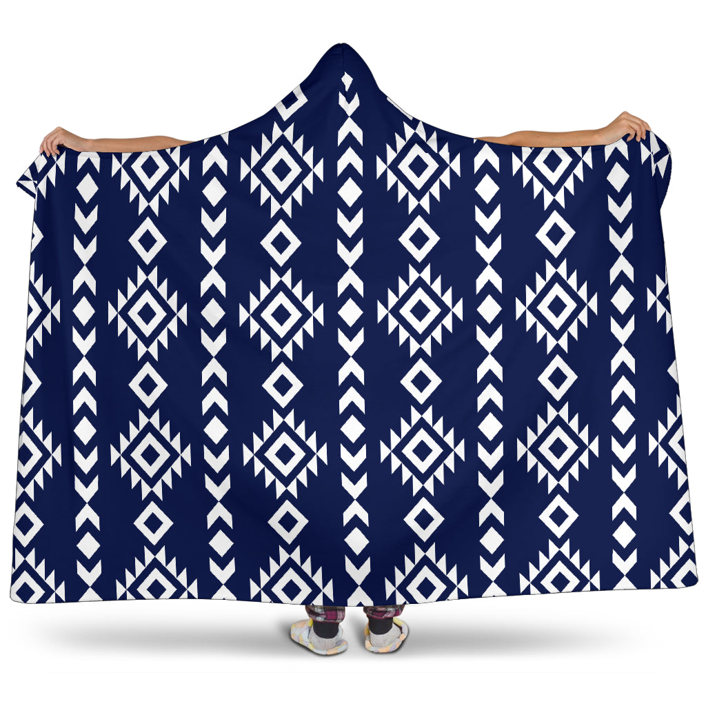 Navy Blue With White Ethnic Tribal Pattern Hooded Blanket With Sherpa Lining