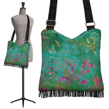 Load image into Gallery viewer, Green and Pink Batik Printed Canvas Boho Bag With Fringe and Crossbody Shoulder Strap Purse
