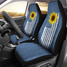 Load image into Gallery viewer, Distressed American Flag With Rustic Sunflower on Light Blue Denim Style Car Seat Covers
