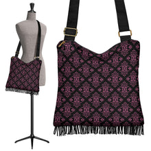 Load image into Gallery viewer, Black With Pink Magenta Damask Pattern Fringe Boho Bag Crossbody Purse
