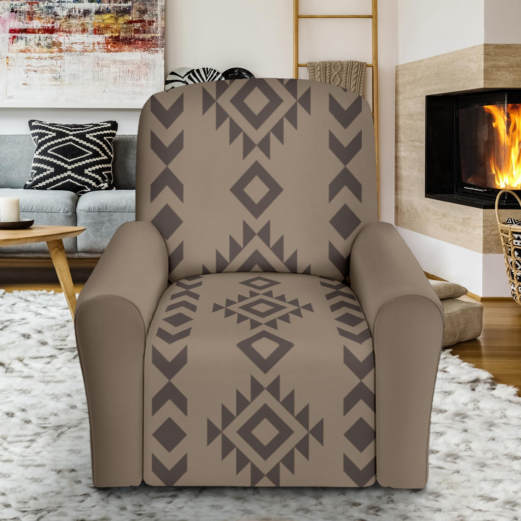 Light Brown With dark Brown Ethnic Pattern Recliner Stretch Slipcover With Elastic Edge Fits Up To 40