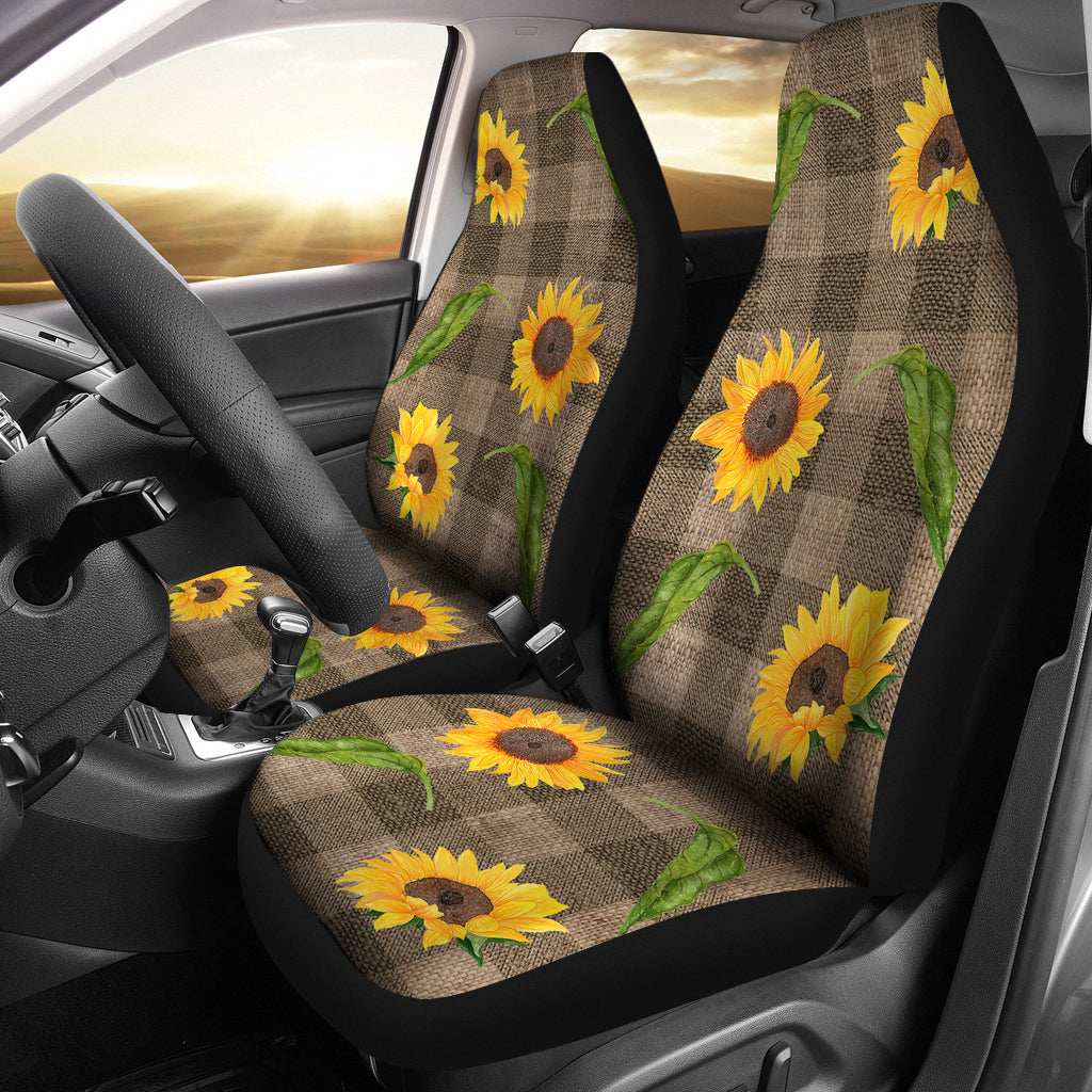 Dark Brown Burlap Style Buffalo Plaid Car Seat Covers