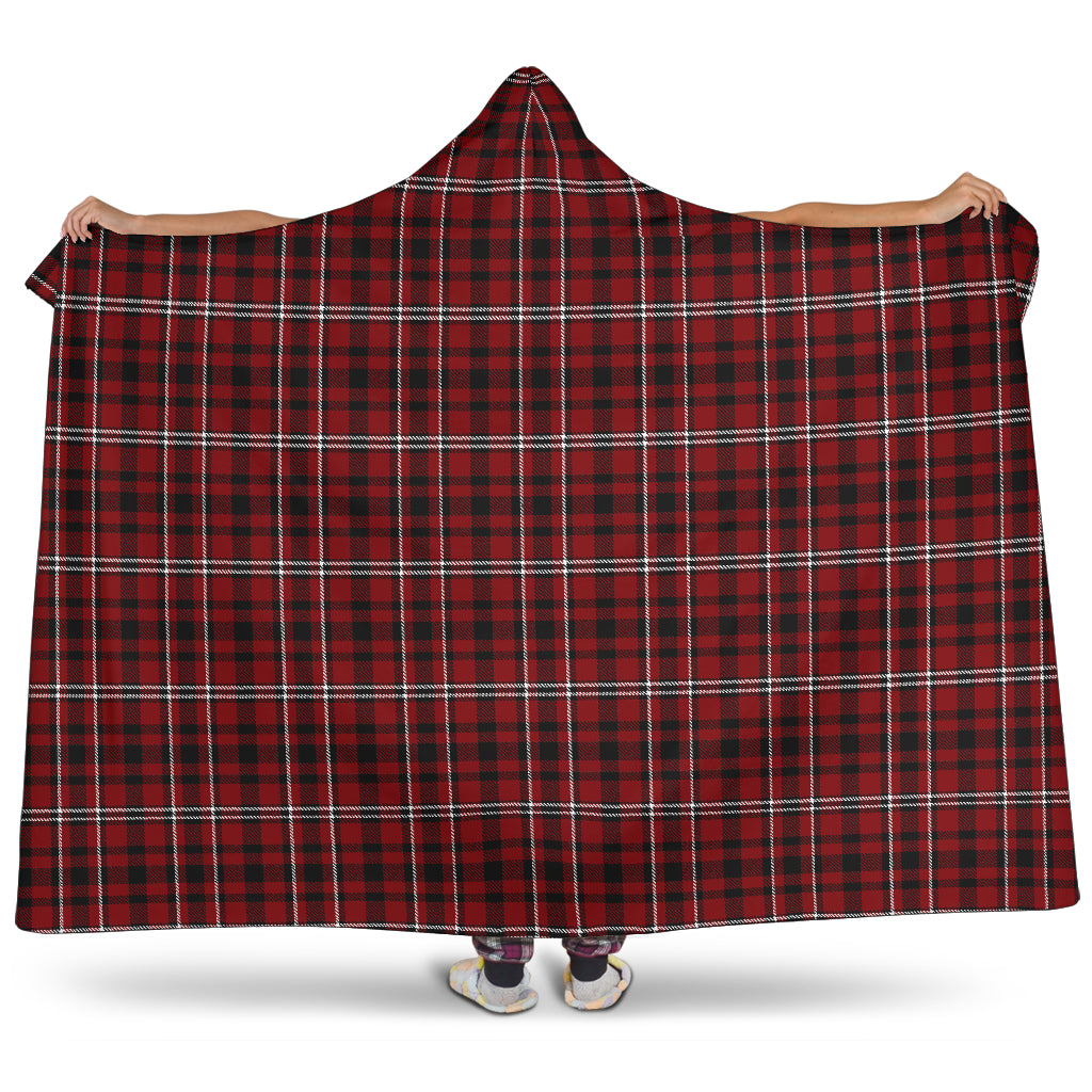 Dark Red, Black and White Tartan Plaid Hooded Blanket With Faux Sherpa Lining