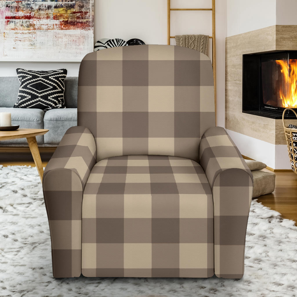 Large Cool Brown Check Pattern Stretch Recliner Slipcover