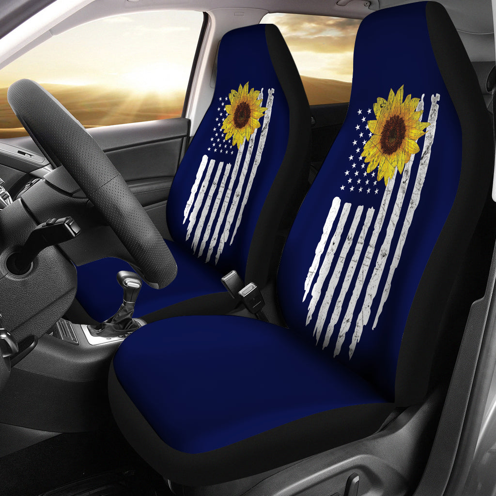 Navy Blue With Distressed Flag and Rustic Sunflower Car Seat Covers Set