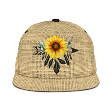 Load image into Gallery viewer, Boho Sunflower Dreamcatcher on Faux Burlap Style Snapback Hat
