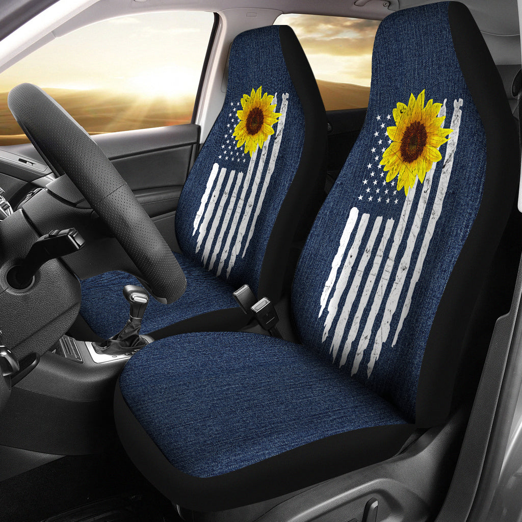 Distressed American Flag With Rustic Sunflower on Dark Blue Jean Faux Denim Style Car Seat Covers