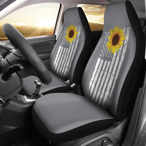 Gray With Distressed American Flag and Sunflower Car Seat Covers Set