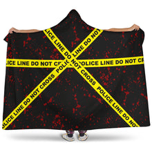 Load image into Gallery viewer, Crime Scene Police Caution Tape Hooded Blanket Black With Red Blood Spatter and Sherpa Lining
