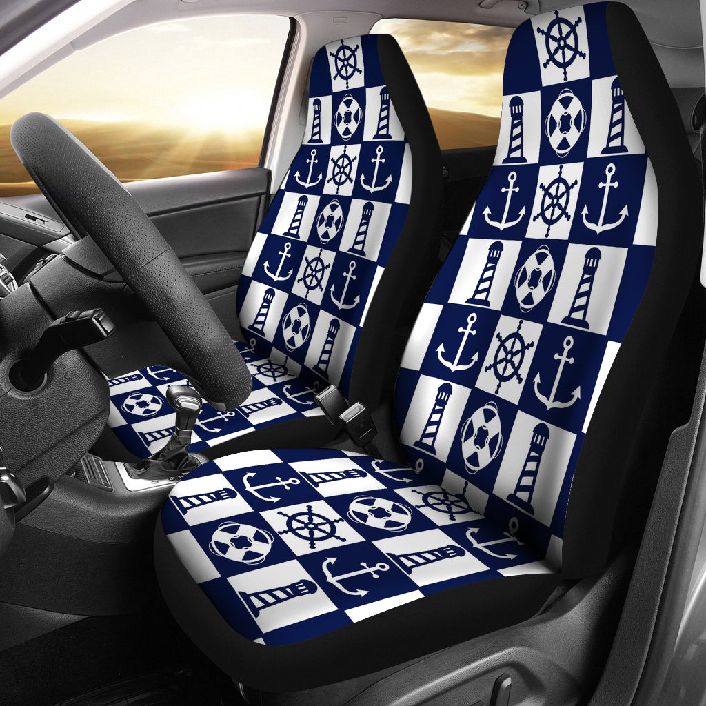 Navy Blue and White Nautical Patchwork Pattern Car Seat Covers