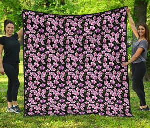 Black Pink and Purple Orchid Flower Pattern Quilt