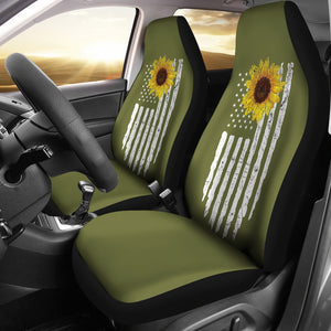 Army Green With Distressed American Flag and Sunflower Car Seat Covers Set