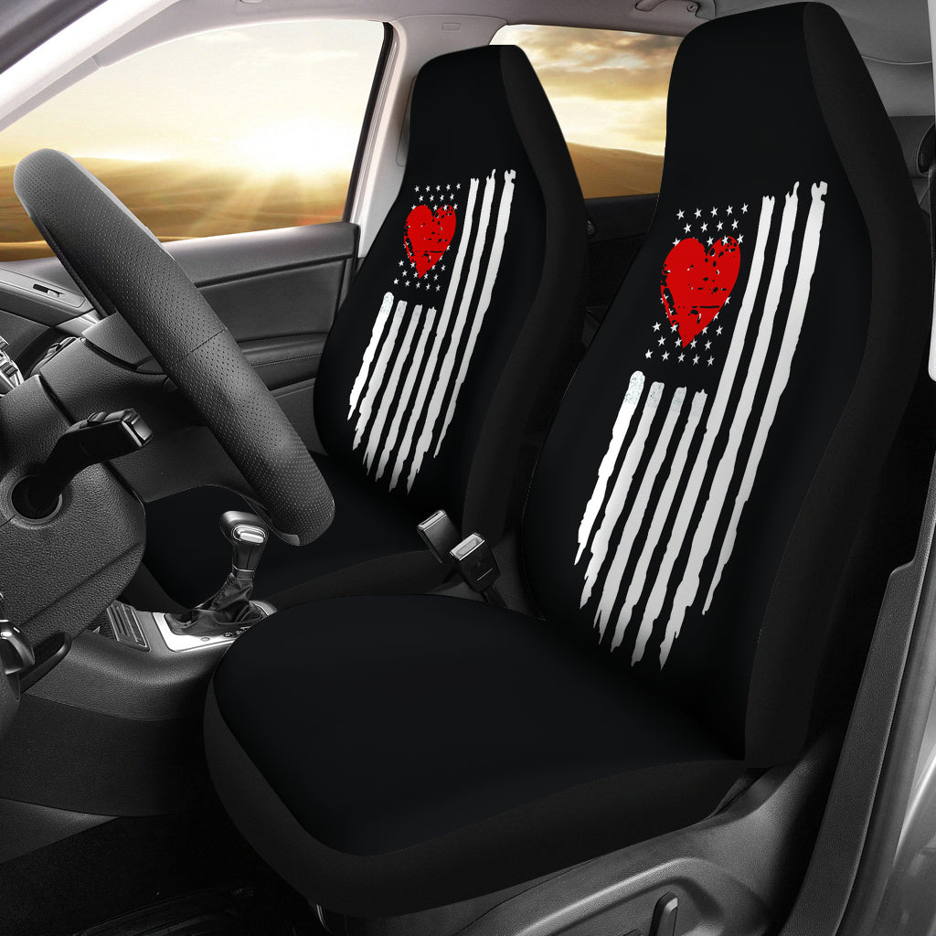 Black With Distressed American Flag and Heart Car Seat Covers Set