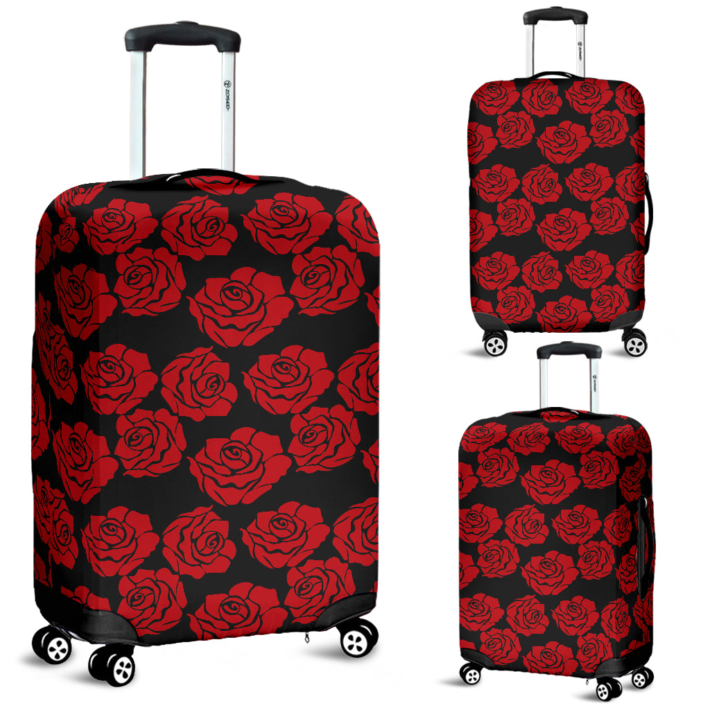 Red Rose Pattern on Black Luggage Cover Suitcase Protector
