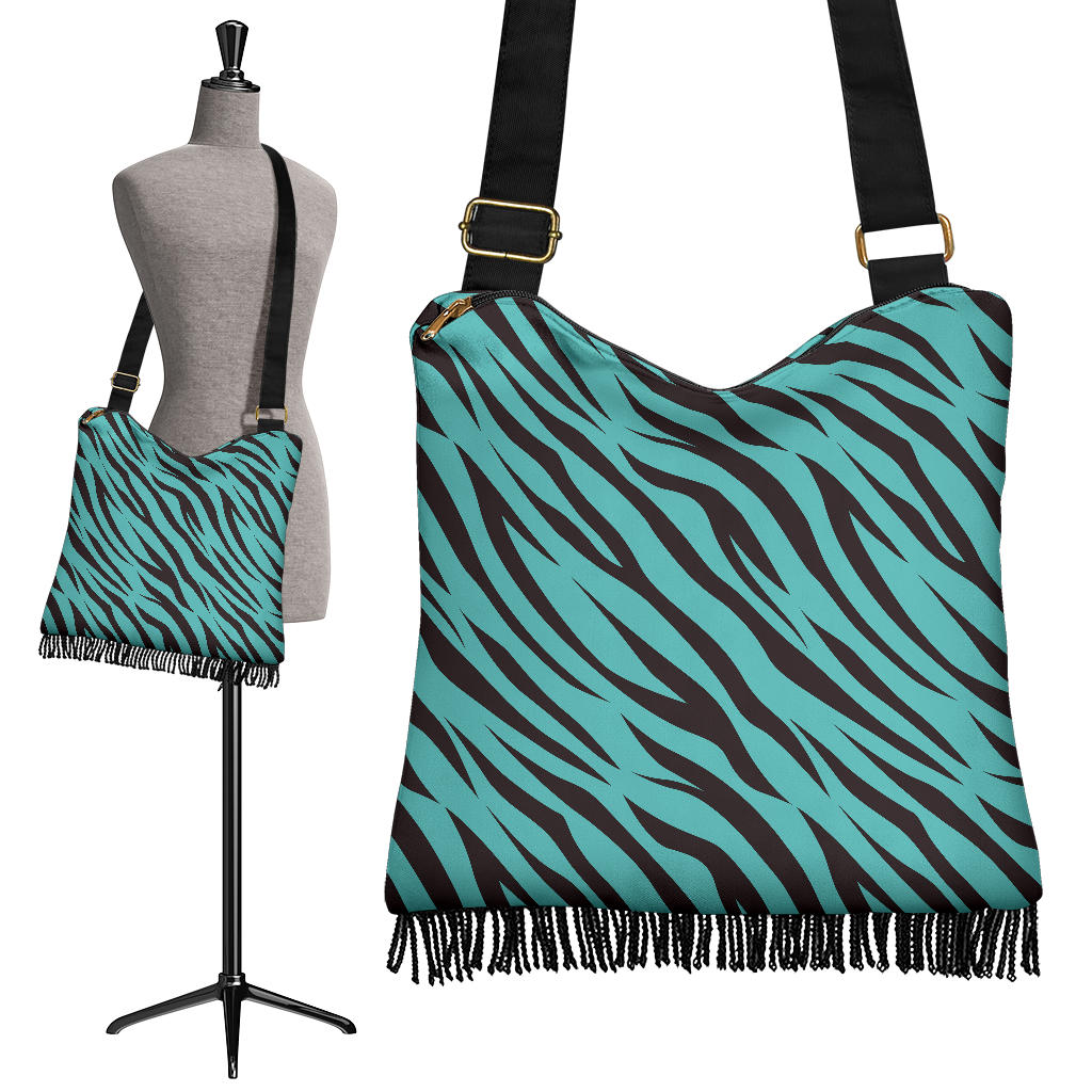 Turquoise Zebra Boho Handbag Crossbody Purse Canvas With Fringe and Shoulder Strap