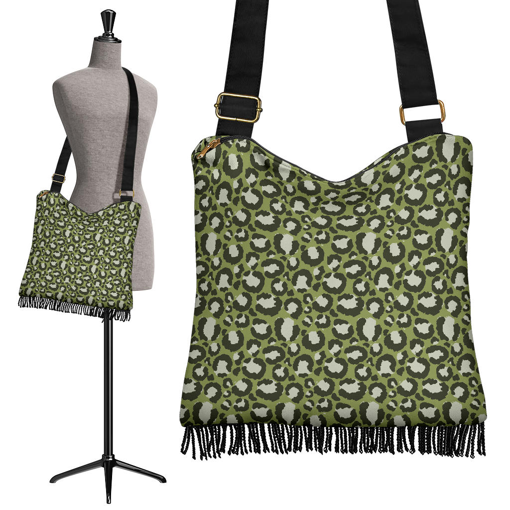 Green Leopard Print Boho Fringe Purse Crossbody Shoulder Bag