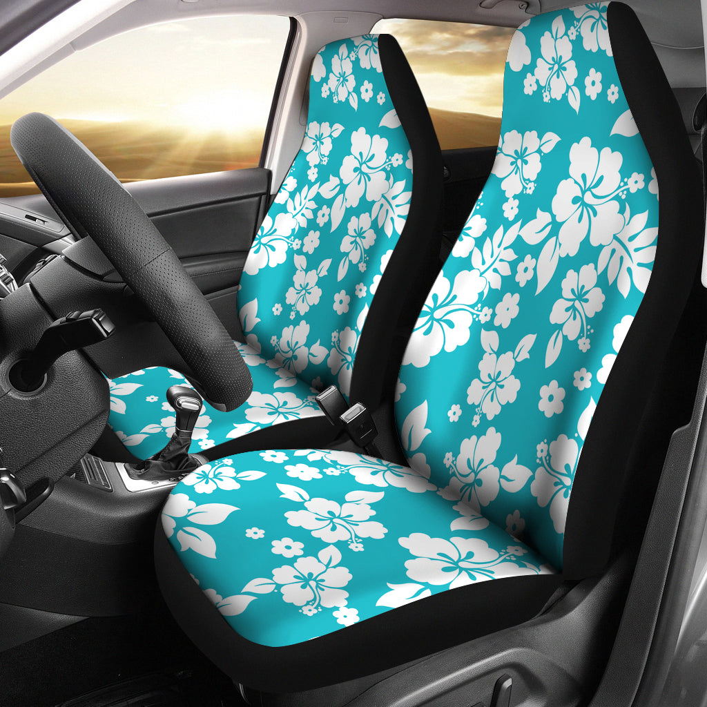 Teal and Large White Hawaiian Hibiscus Flowers Seat Covers