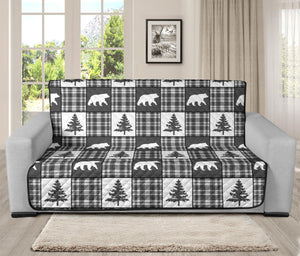 Gray and White Plaid With Bear and Pine Tree Pattern Furniture Slipcovers