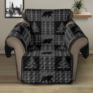 Gray and Black Plaid With Bears and Pine Trees Rustic Patchwork Pattern on Recliner