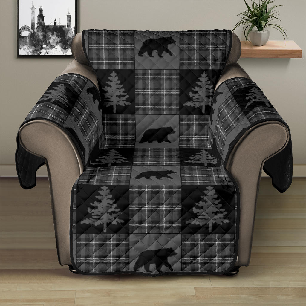 Gray and Black Plaid With Bears and Pine Trees Rustic Patchwork Pattern on Recliner