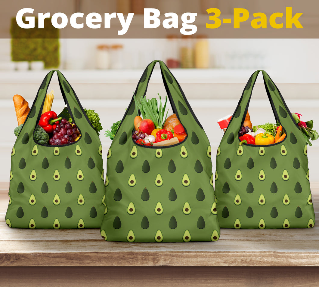 Avocado Pattern Reusable Grocery Shopping Bags Pack of 3