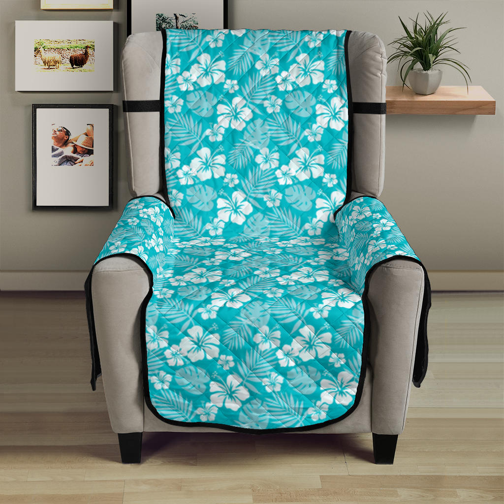 Aqua and White Hibiscus Hawaiian Flower Pattern Furniture Slipcovers