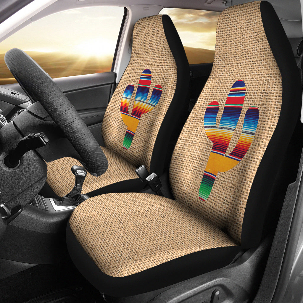 Faux Burlap Car Seat Covers Set With Colorful Serape Cactus Design