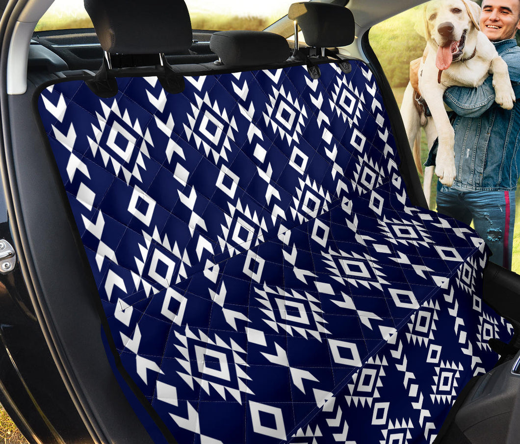 Navy and White Ethnic Tribal Pattern on Back Bench Seat Protector Cover For Pets