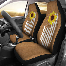 Load image into Gallery viewer, Distressed American Flag With Rustic Sunflower on Rust Colored Denim Style Car Seat Covers
