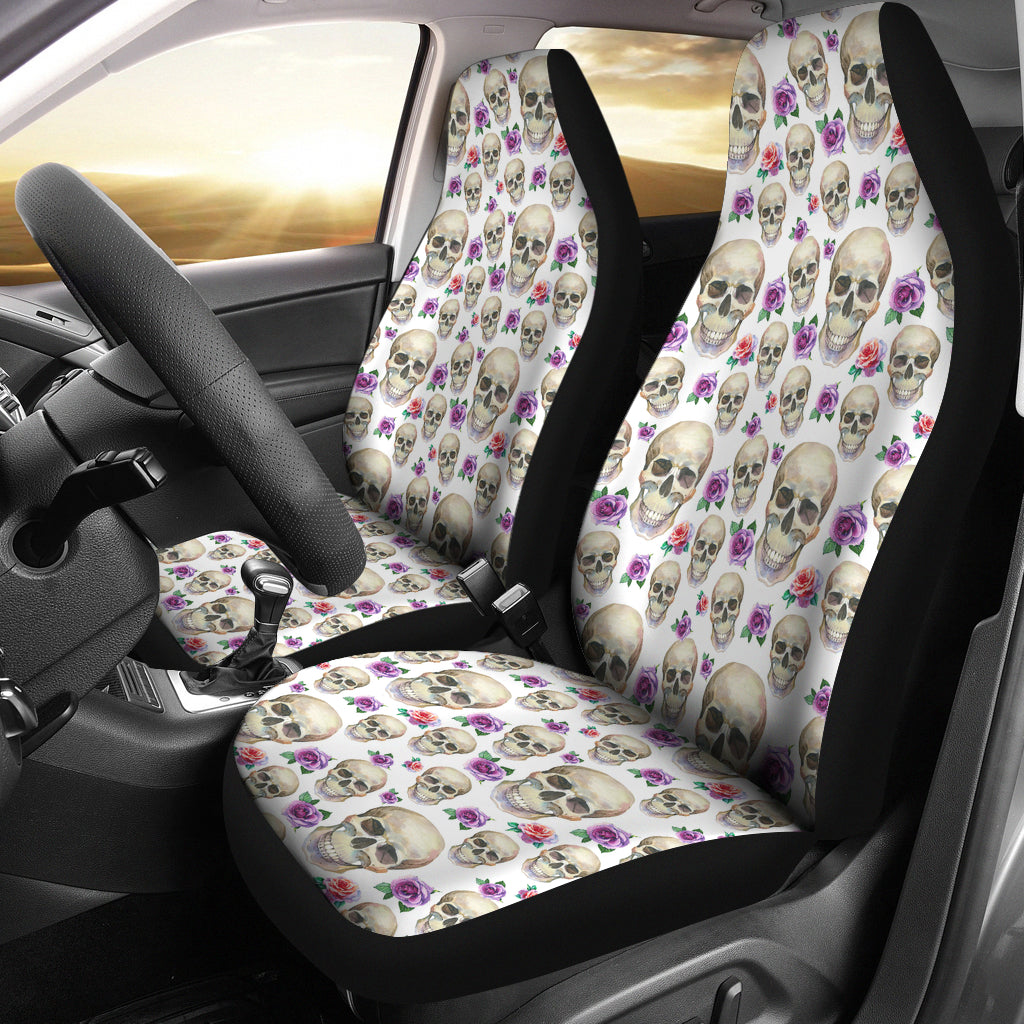 White With Pink and Purple Skulls and Roses Car Seat Covers