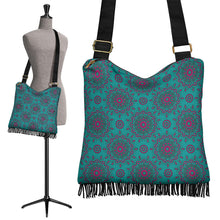 Load image into Gallery viewer, Teal With Pink Mandala Pattern Boho Style Fringe Purse Shoulder Crossbody Handbag
