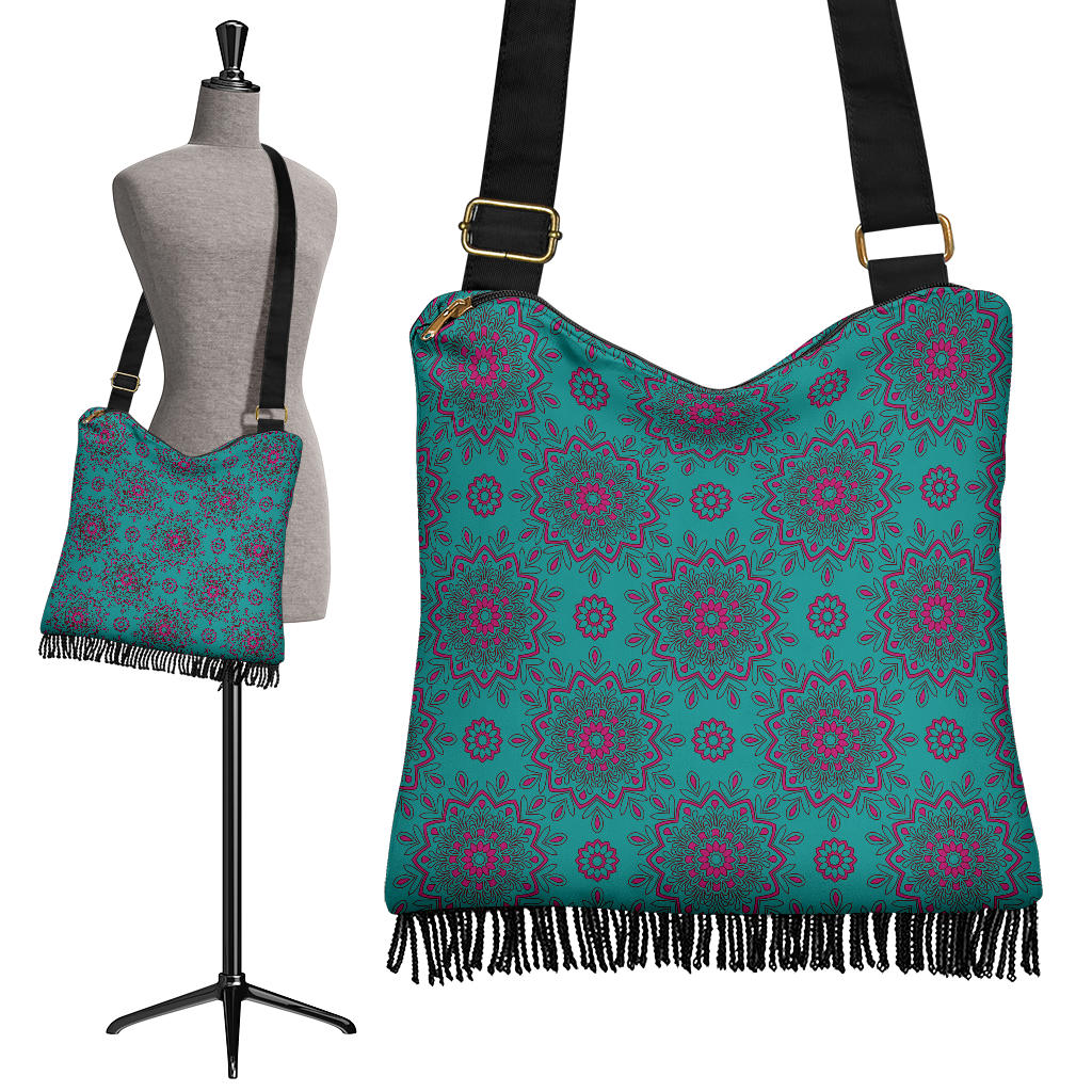 Teal With Pink Mandala Pattern Boho Style Fringe Purse Shoulder Crossbody Handbag