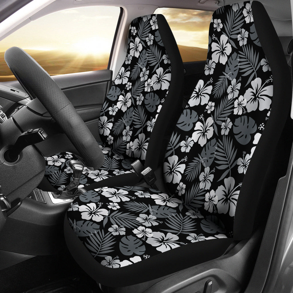 Black With Hibiscus Pattern In Gray and White Car Seat Covers Hawaiian Tropical Polynesian Pattern