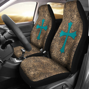 Brown Tooled Leather Design With Turquoise Suede Cross Printed Car Seat Covers Set