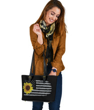 Load image into Gallery viewer, Distressed American Flag With Sunflower Vegan Leather Tote Bag

