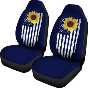 Navy Blue With Distressed Flag and Rustic Sunflower Car Seat Covers Set