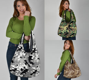 Camo Grocery Shopping Bags Pack of 3 In Green, Gray and Brown Camouflage Patterns