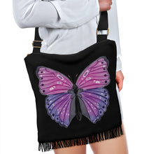 Load image into Gallery viewer, Black With Pink and Purple Watercolor Butterfly Boho Style Bag With Fringe
