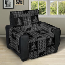Load image into Gallery viewer, Gray and Black Plaid With Bears and Pine Trees Rustic Patchwork Pattern on Recliner
