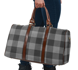 Gray Buffalo Plaid Travel Bag Duffel With Brown Faux Leather Handles