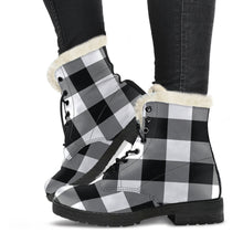 Load image into Gallery viewer, Black and White Buffalo Plaid Faux Fur Lined Vegan Leather Boots
