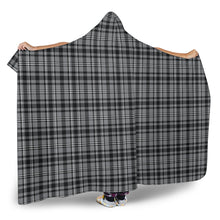 Load image into Gallery viewer, Gray, Black and White Plaid, Tartan Hooded Blanket With Tan Sherpa Lining
