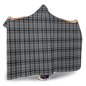 Gray, Black and White Plaid, Tartan Hooded Blanket With Tan Sherpa Lining