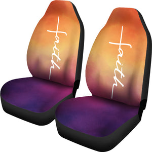 Faith Word Cross In White On Orange and Purple Ombre Car Seat Covers Religious Christian Themed