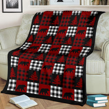 Load image into Gallery viewer, Red, Black and White, Buffalo Plaid Patchwork Style Fleece Throw Blanket
