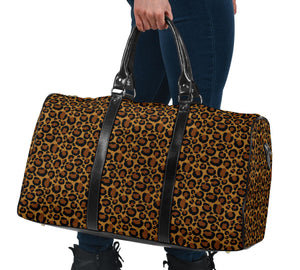 Leopard Print Travel Bag Duffel With Black Faux Leather Handles