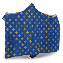 Load image into Gallery viewer, Royal Blue and Gold Fleur De Lis Hooded Blanket 1
