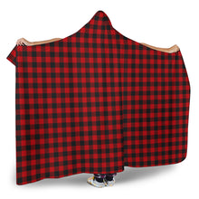 Load image into Gallery viewer, Red and Black Buffalo Plaid Hooded Blanket With Tan Sherpa Lining
