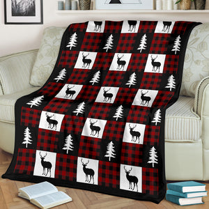 Black, White and Red Buffalo Plaid With Buck and Pine Tree Patchwork Pattern Fleece Throw Blanket